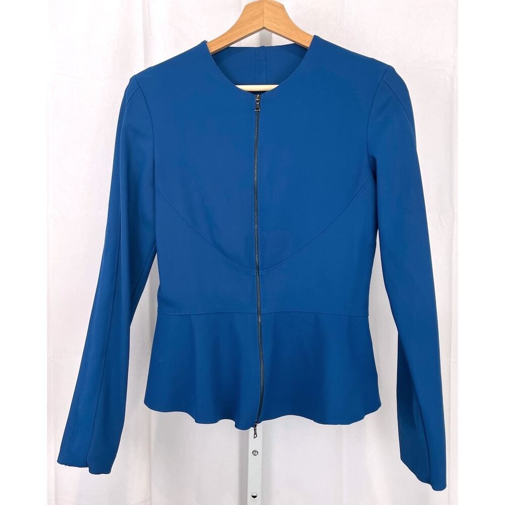 MARIA PINTO Full Zip Peplum Jacket Long Sleeve Stretch Blue Estimated Size S